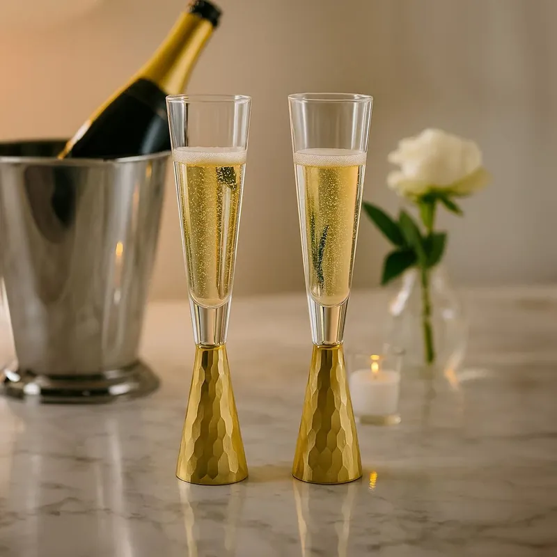 Set Of Two Champagne Glasses With Gold Finish Stem, Crystal Sparkling Flutes, Glassware With Cone-Shaped Top