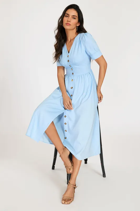 Puff Sleeve Button-Front Denim Midi Dress In Light Blue