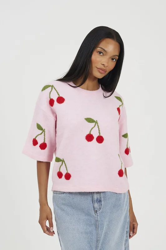 Short Sleeve Cherry Jacquard Knit Jumper - Brave Soul