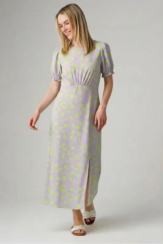 Floral Print Round Neck Short Puff Sleeve Midi Dress - Wednesday's Girl
