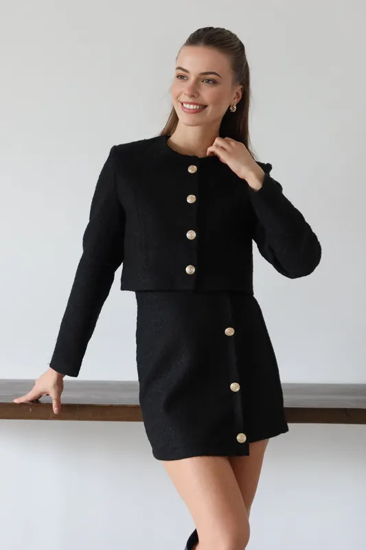 2 Piece Woven Cropped Jacket and Button Front Skirt Co-Ord Set