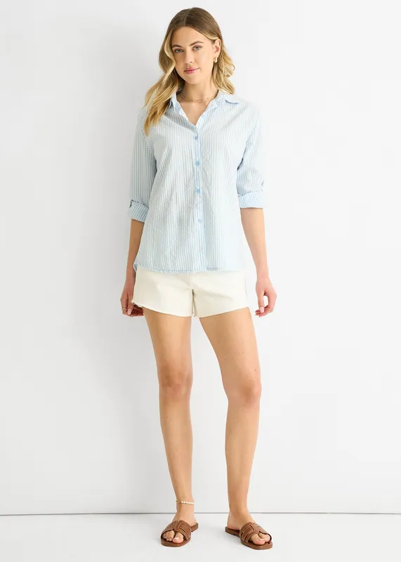 Blue Cotton Stripe Roll Up Sleeves Shirt - Gini London