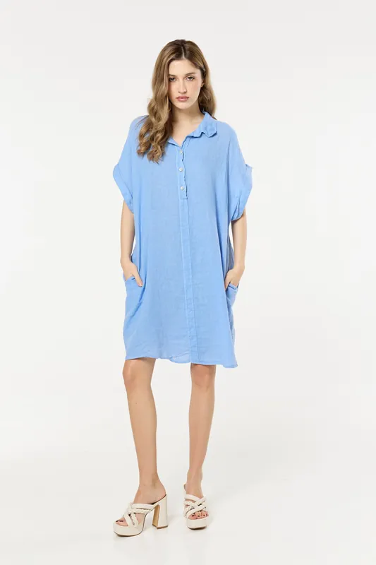 Blue Linen Shirt Dress - Liquorish