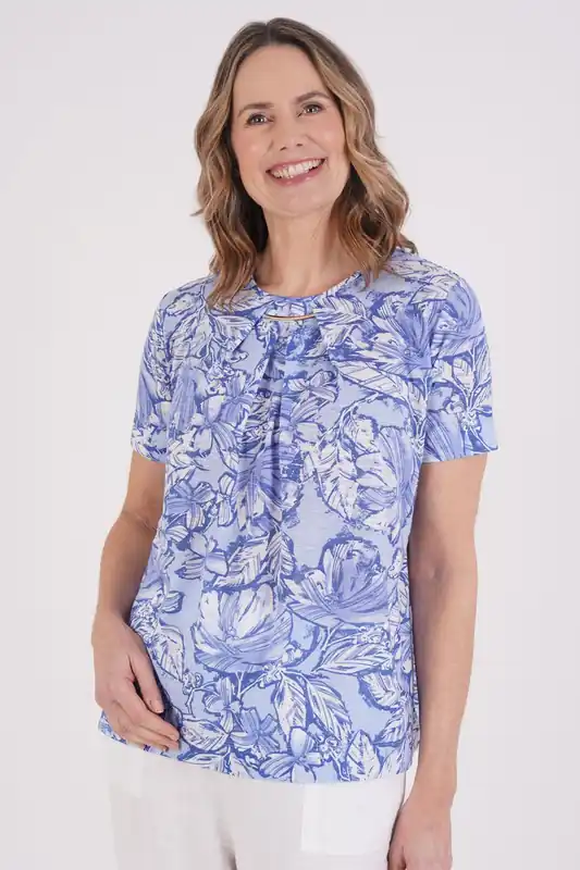 Pleat Neckline Tropical Print Top - Tigi