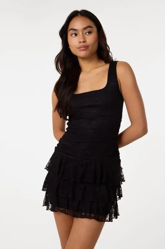 Black Lace Square Neck Dress - Pink Vanilla