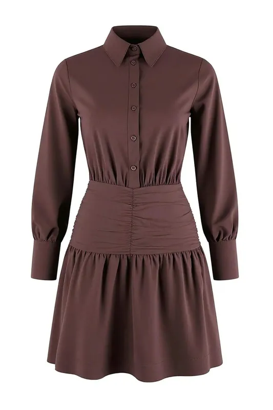 Collared Ruched Waist Mini Dress with Button Front Detail - WOVCOR