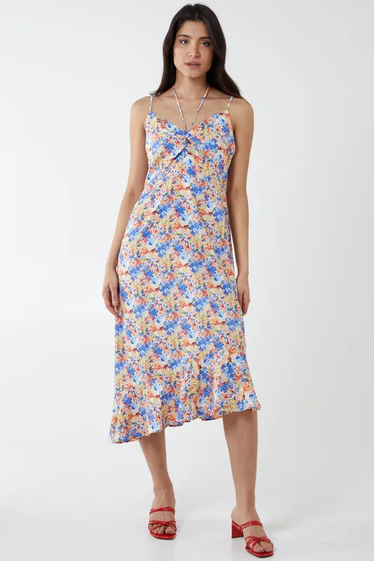 Twist Front Floral Print Midi Dress - Blue Vanilla
