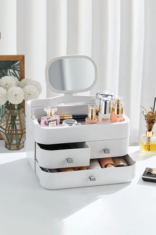 3 Drawers Modern Makeup Organizer with Mirror - Living and Home