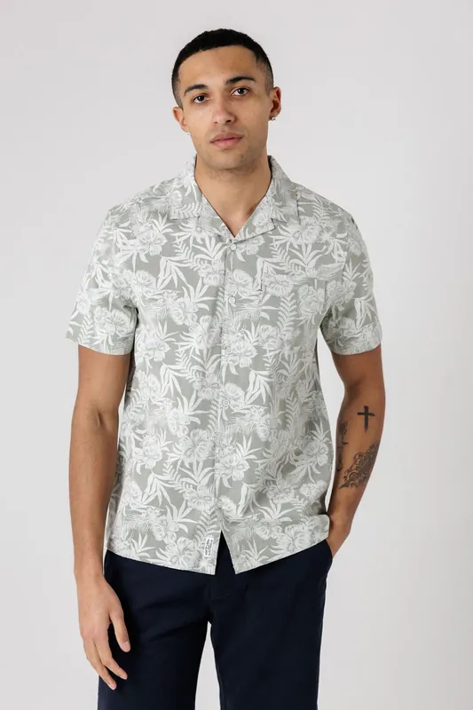 Cotton Short Sleeve Button-Up Tropical Print Shirt