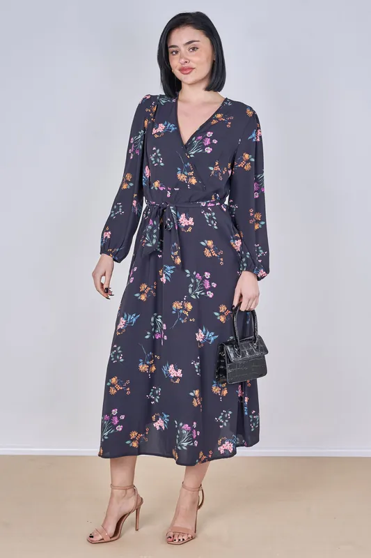 Navy Floral Print Belted Crossover Midi Dress - Love Sunshine