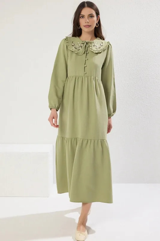 Embroidered Detail Linen Look Shift Midi Dress - WOVCOR