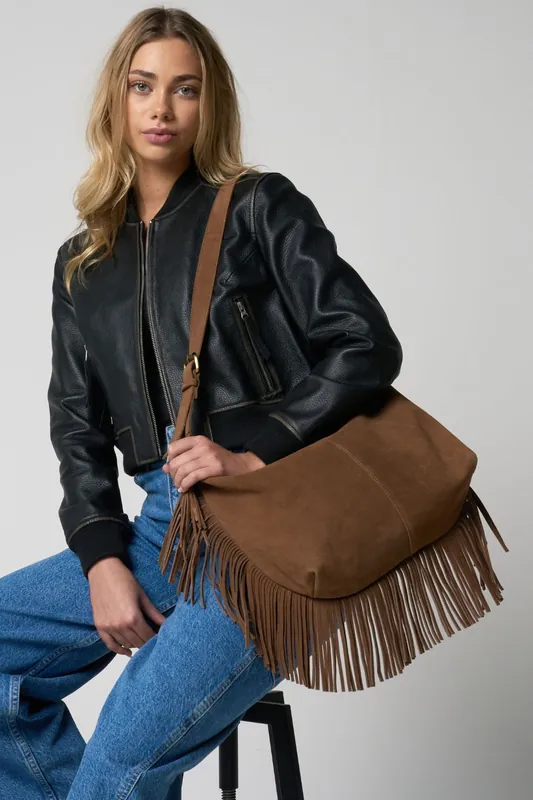 Barneys Originals Real Suede Fringe Bag In Mocha