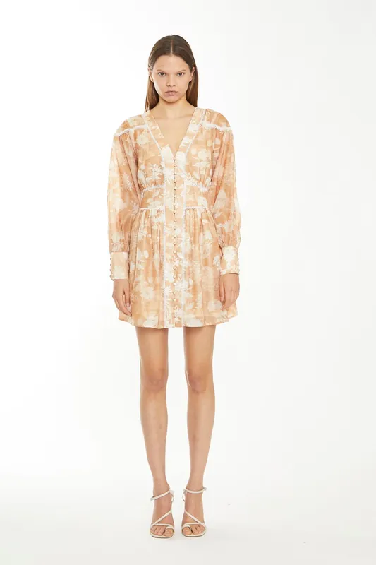Button Front Puff Sleeve Mini Dress - Shnoo