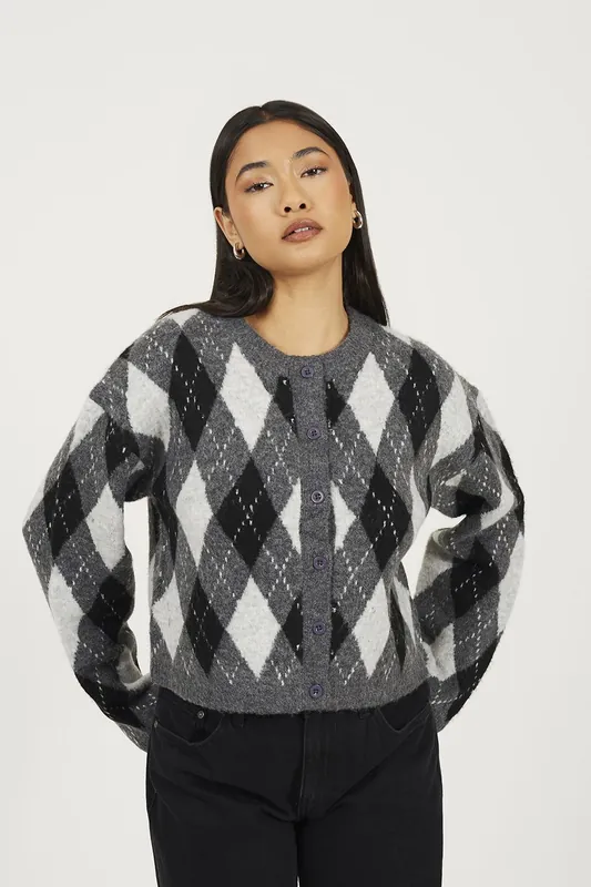 Round Neck Argyle Knit Cardigan - Brave Soul