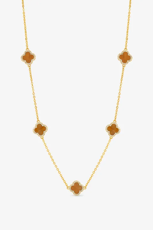 Gold Plated Tigers Eye Station Clover Necklace - Jon Richard
