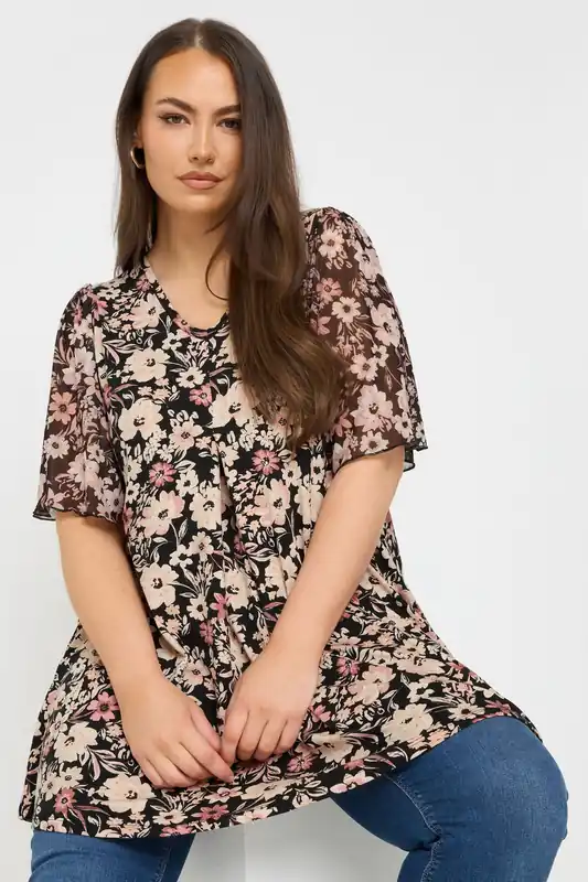 Floral Mesh Sleeve Pleated Top - Yours