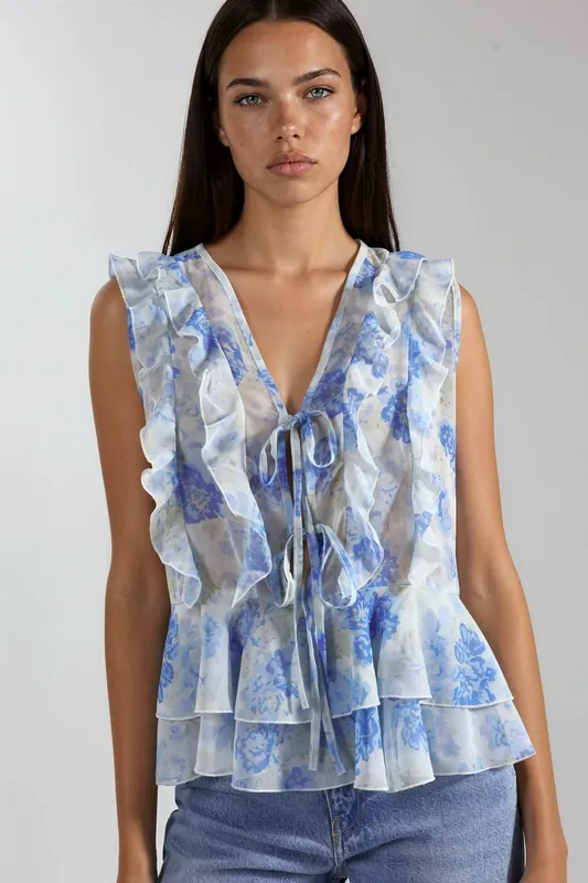 Floral V-Neck Chiffon Blouse with Tie Closure