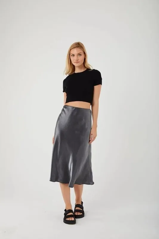 Satin Midi Skirt with Elastic Waist - MixRay