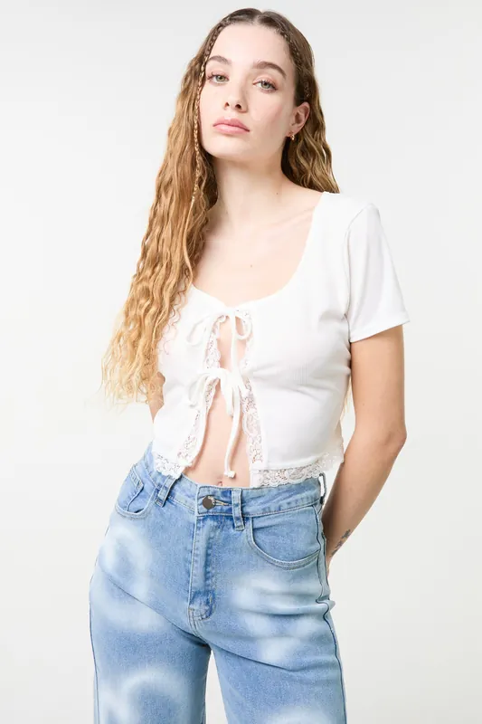 Ivory Ribbed Lace Tie Front Top - Pink Vanilla