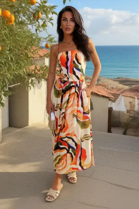 Multi Abstract Leaf Print Strappy Midi Dress - AX Paris