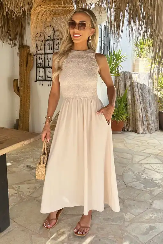 Stone Round Neck Shirred Top Midi Dress - AX Paris