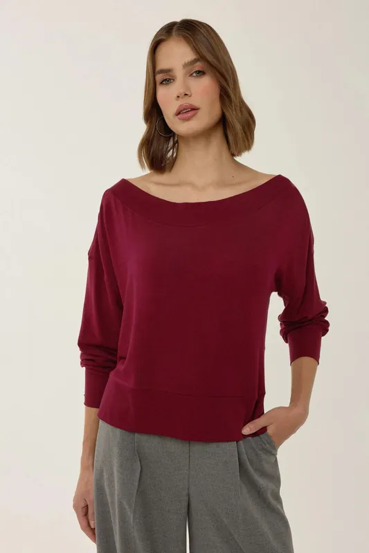Ribbed Boat Neck Blouse with Drop Sleeves - Hiccup