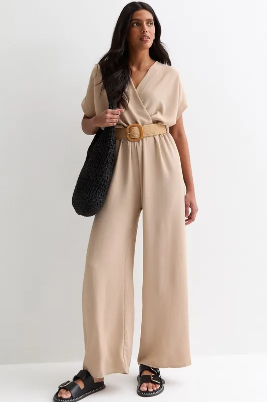 Beige Short Sleeves Elasticated Waist Belted Jumpsuit - Gini London