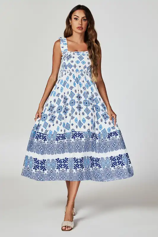 Blue Border Print Hem Detail Tiered Maxi Dress In White - FS Collection