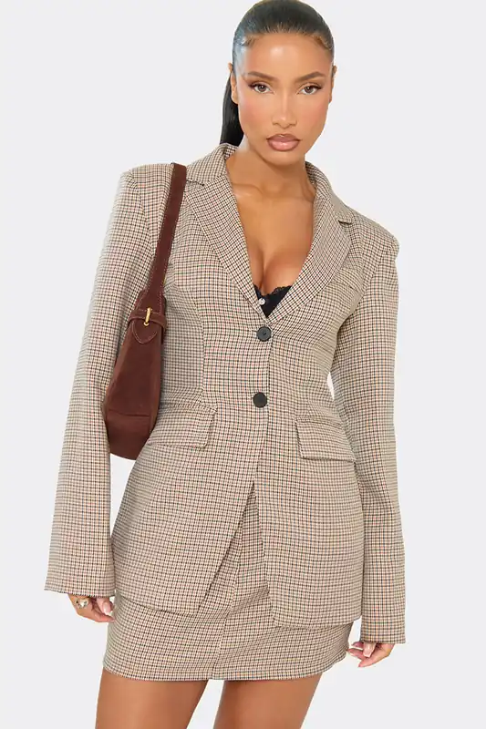 Long Sleeve Structured Checked Woven Blazer - EGO
