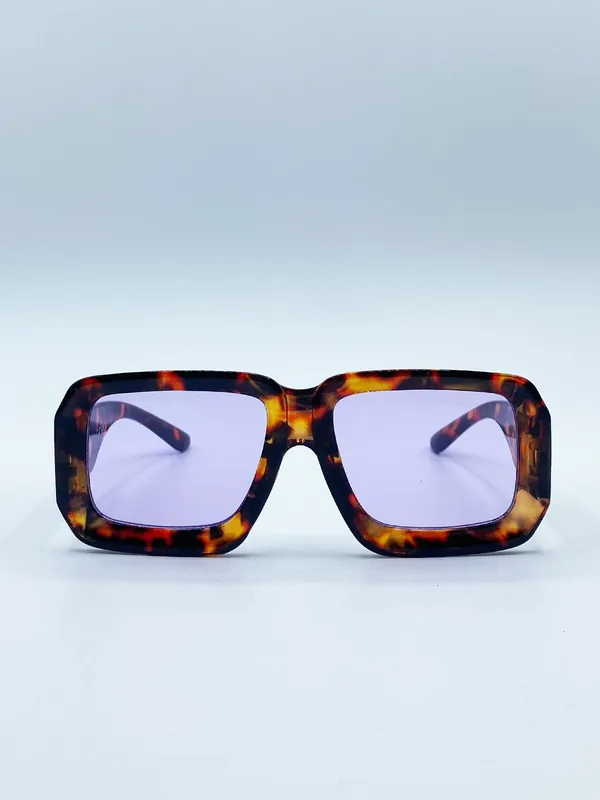 Oversized Square Frame in Brown Tortoiseshell with Purple Lenses - SVNX