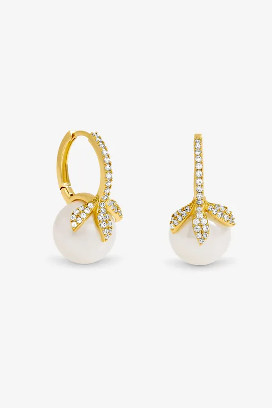 Gold Plated Crystal Leaf and Pearl Earrings - Jon Richard