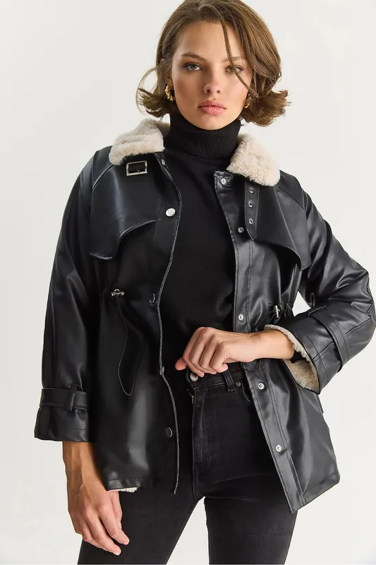 Faux Leather Jacket with Faux Fur Detail - Bianco Lucci