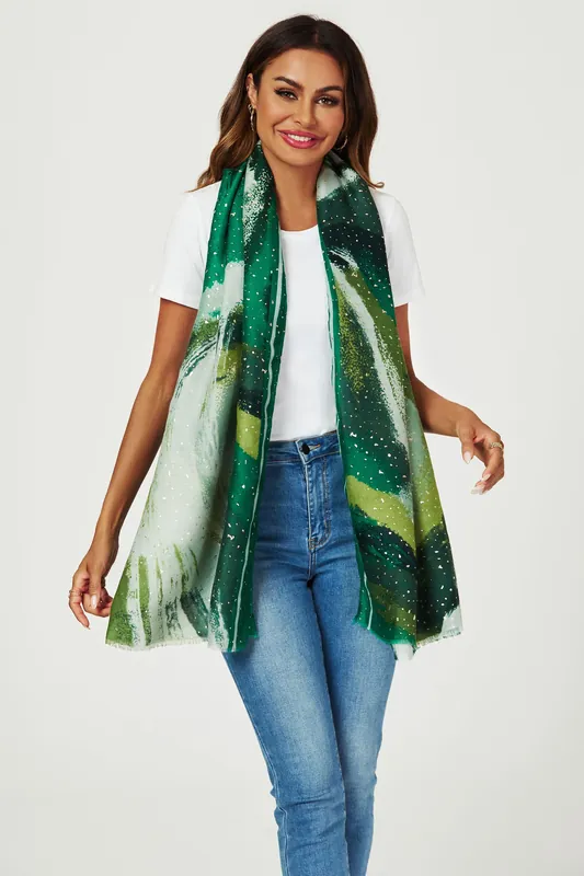 Gold Foil Abstract Brush Print Fringed edges Scarf In Green - FS Collection