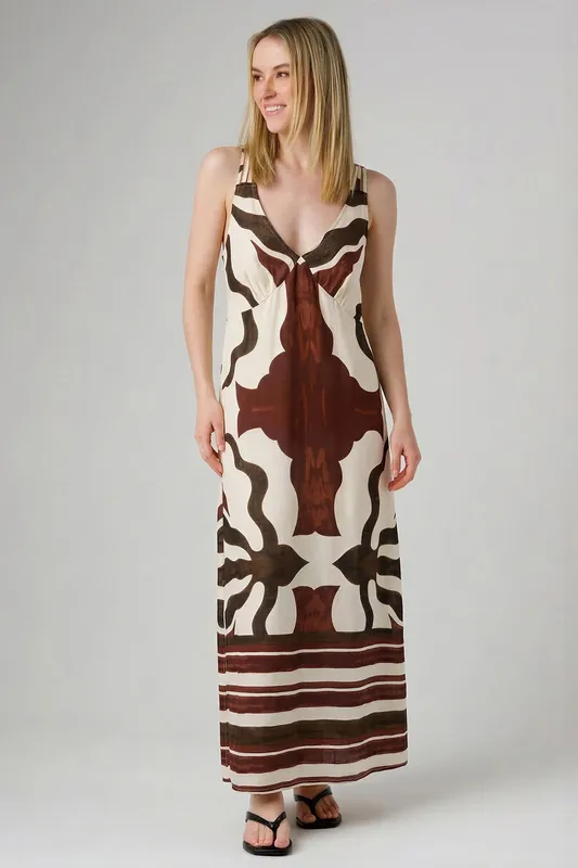 Geometric Print Strappy V-Neck Midi Dress