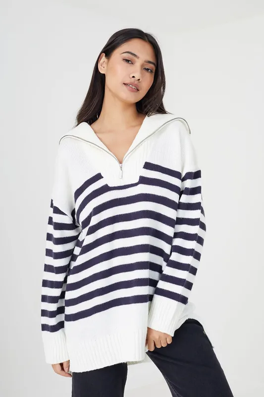 Striped Oversized 1/2 Zip Knitted Jumper - Brave Soul