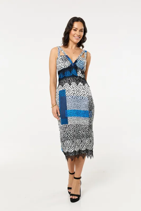 Blue Animal Print Lace Detail Midi Dress - Liquorish