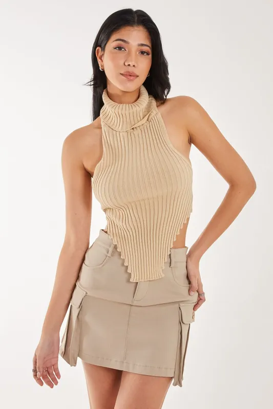 High Neck Chunky Knit Halter Top - Pink Vanilla