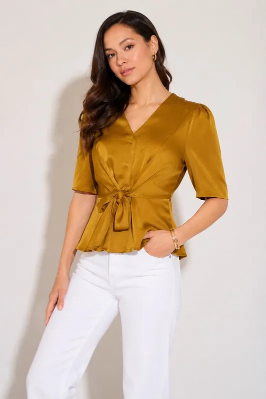 Olive Satin Tie Front Short Sleeve Top - Love Sunshine
