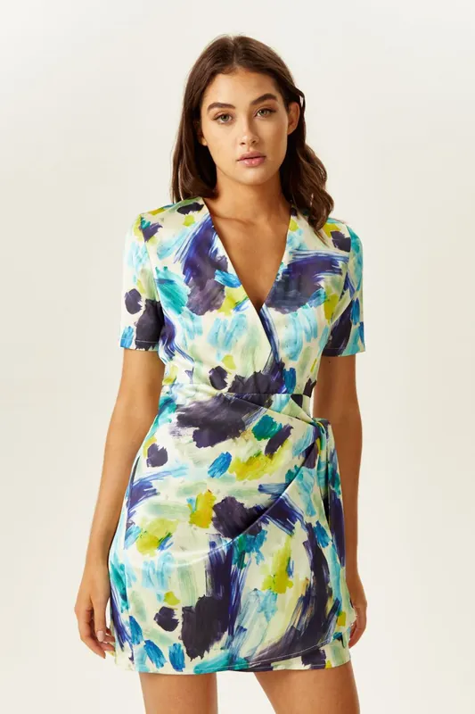 Multicolour Abstract Print Mini Wrap Dress - Liquorish