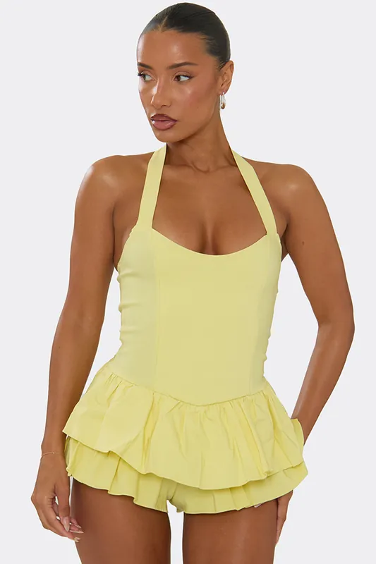 Strappy Halter Neck Frill Trim Playsuit - EGO