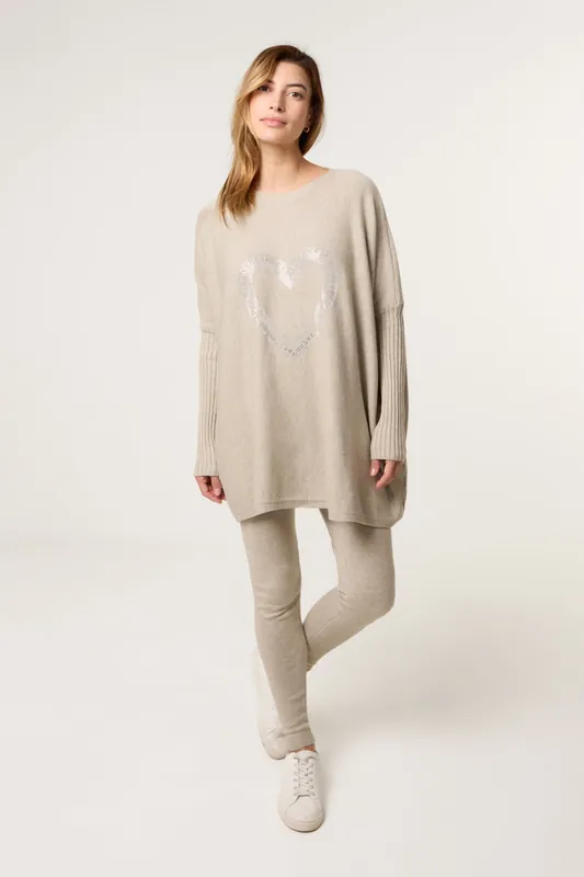 Beige Heart Diamante Oversized Jumper - Blue Vanilla
