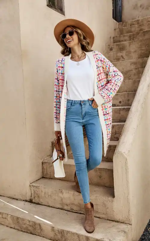 Cream Boucle Check Cardigan In Rainbow Multicolour Speckles - FS Collection