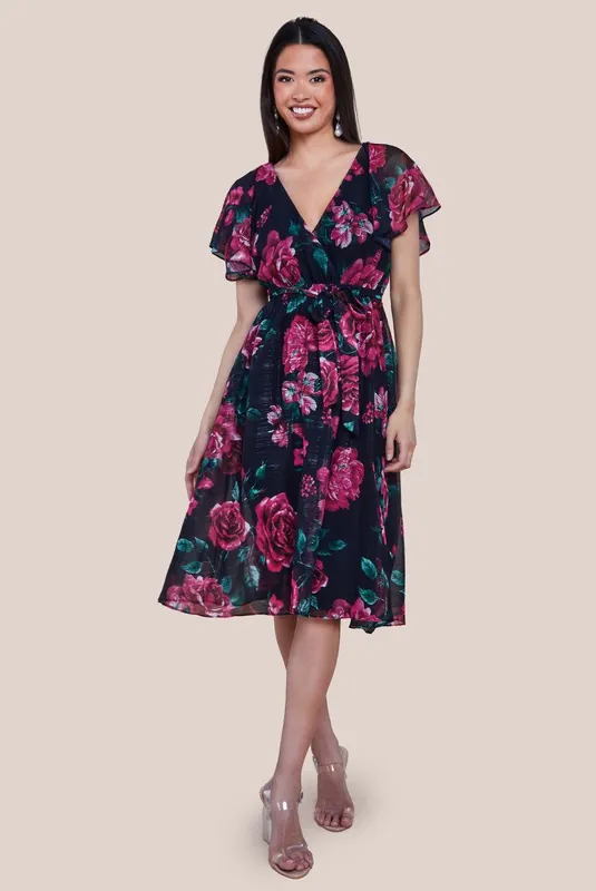 Printed Sparkling A Line Flutter Sleeve Midi Dress - Goddiva