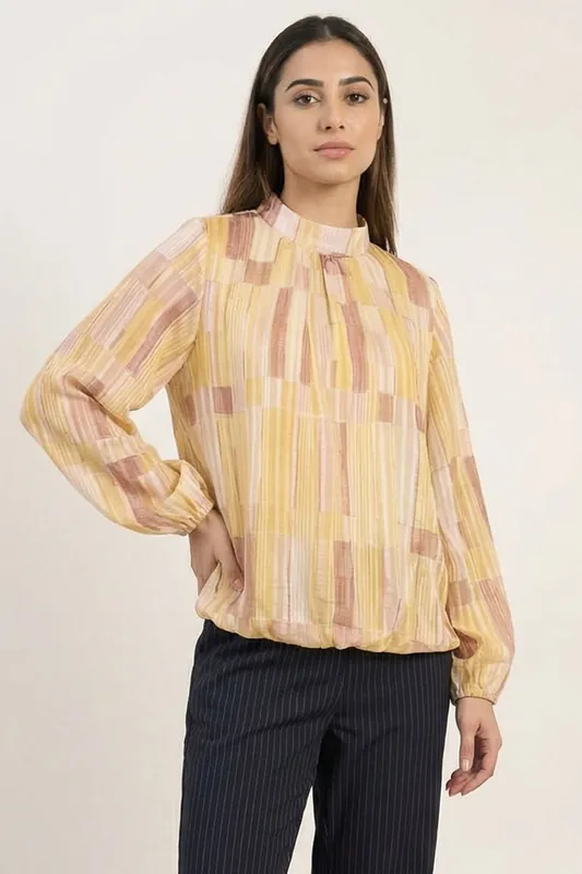 Yellow Tile Print Puffball Blouse With Metallic Detail - Blue Vanilla