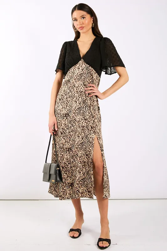 Animal Satin Mix Flutter Sleeve Midi Dress - Needs No Label