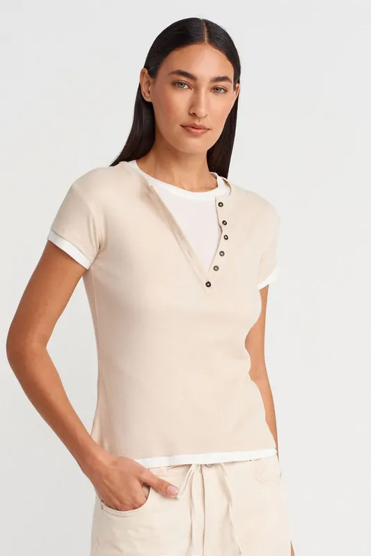 Women’s Cotton V-Neck Button T-Shirt