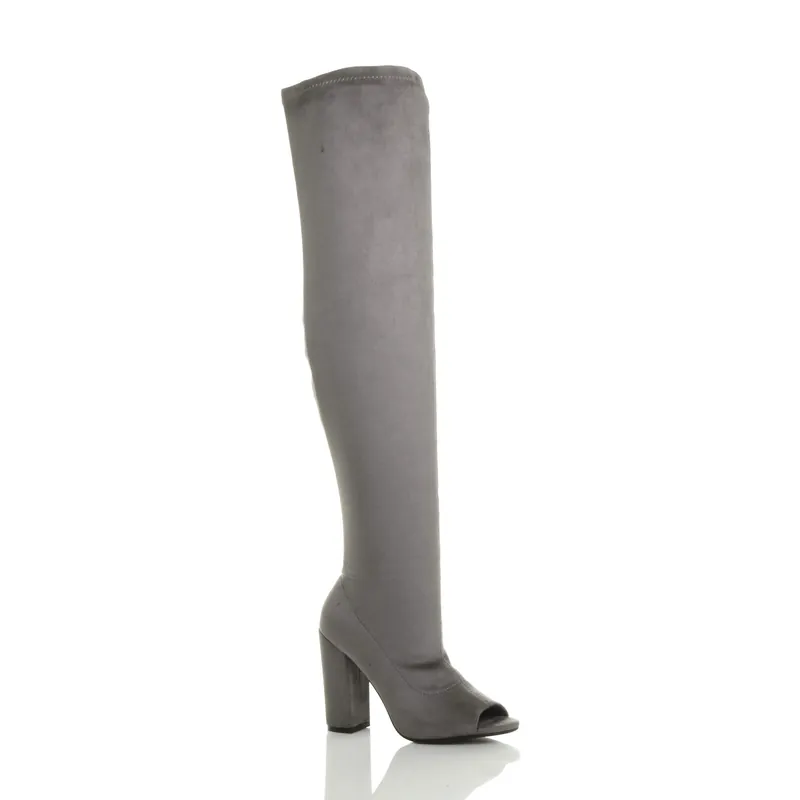 High Block Heel Stretchy Peep Toe Sock Over The Knee Boots - AJVANI