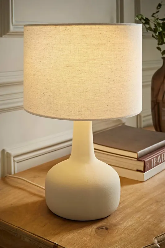 Hayley Natural Linen Drum Shade Squat Base Ceramic Stonewear Table Lamp - ValueLights