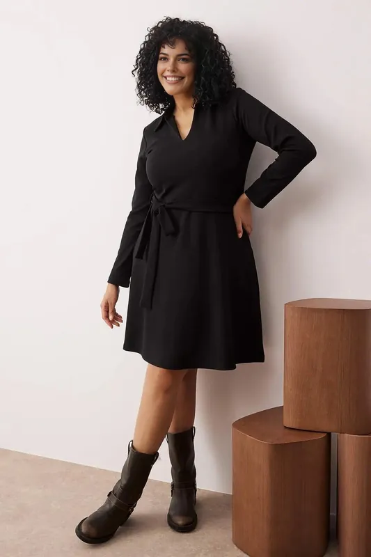 V Neck Long Sleeve Belted Mini Dress - WOVCOR