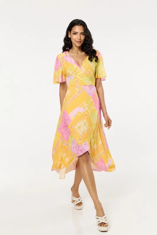 Yellow Pink Paisley Print Wrap Midi Dress - Liquorish